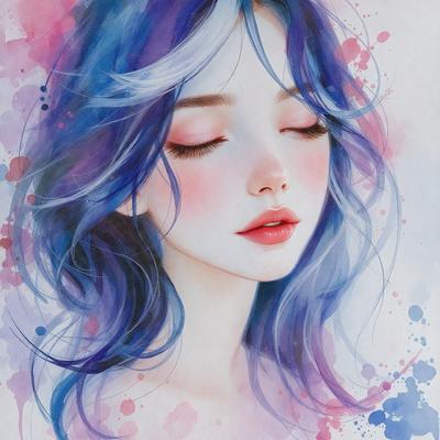 The primary subject of the image is a woman with blue hair, who is lying down and appears to be sleeping. The setting is a bedroom, with a bed visible in the background. The visual style is a watercolor painting, which gives the image a soft and dreamy atmosphere. The dominant colors are blue and pink, which are used to create a sense of tranquility and relaxation.